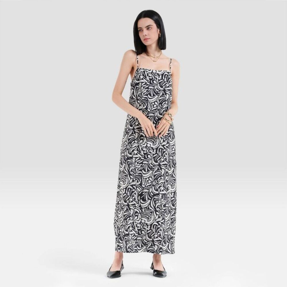 Women's Flowy Resort Maxi Slip Dress - A New Day Black Abstract Leaf S